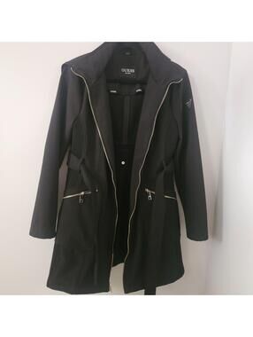 Guess Hooded Black Jacket Coat Woman's XL (Fits Like L ) Belted Vintage Quality